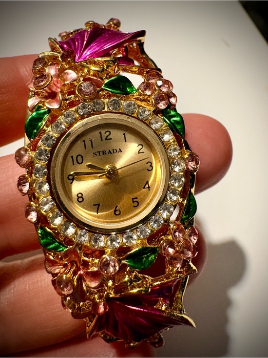 Strada Accessories - Strada Gold Bracelet Watch with Pink Flowers & Green Leaves - Vintage NWOT
